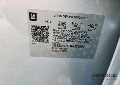 2019 Chevrolet Malibu Lt z USA, uszkodzony, nr VIN 1G1ZD5ST2KF226906